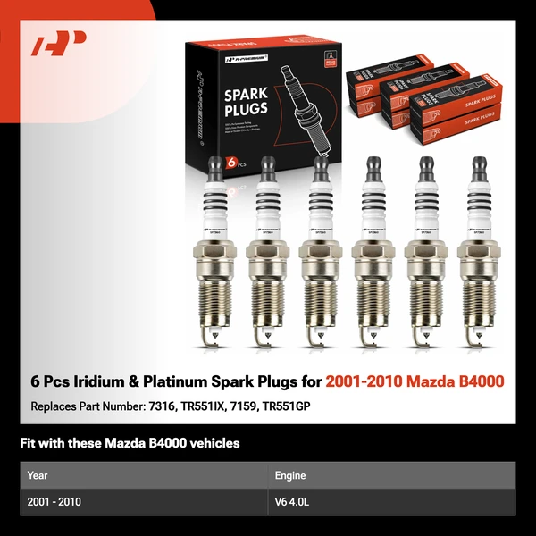 6 Pcs Iridium & Platinum Spark Plugs for 2001-2010 Mazda B4000