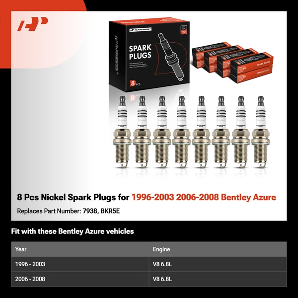 8 Pcs Nickel Spark Plugs for 1996-2003 2006-2008 Bentley Azure
