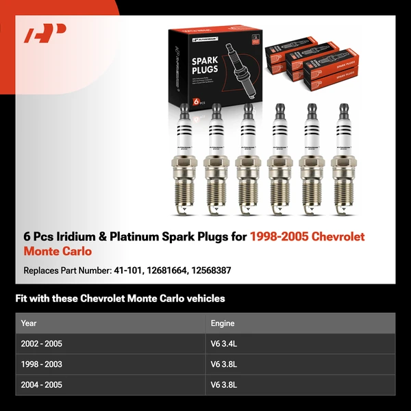 6 Pcs Iridium & Platinum Spark Plugs for 1998-2005 Chevrolet Monte Carlo