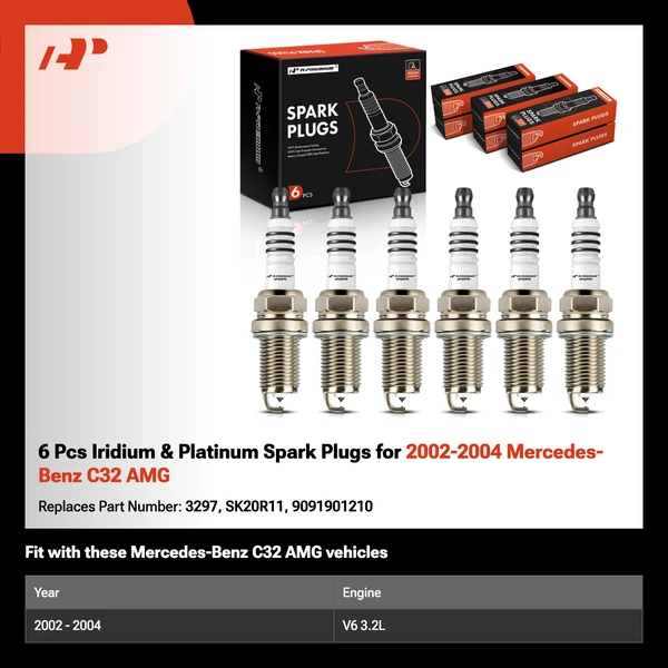 6 Pcs Iridium & Platinum Spark Plugs for 2002-2004 Mercedes-Benz C32 AMG