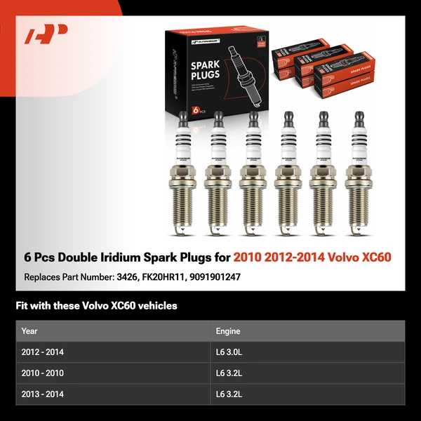 6 Pcs Double Iridium Spark Plugs for 2010 2012-2014 Volvo XC60