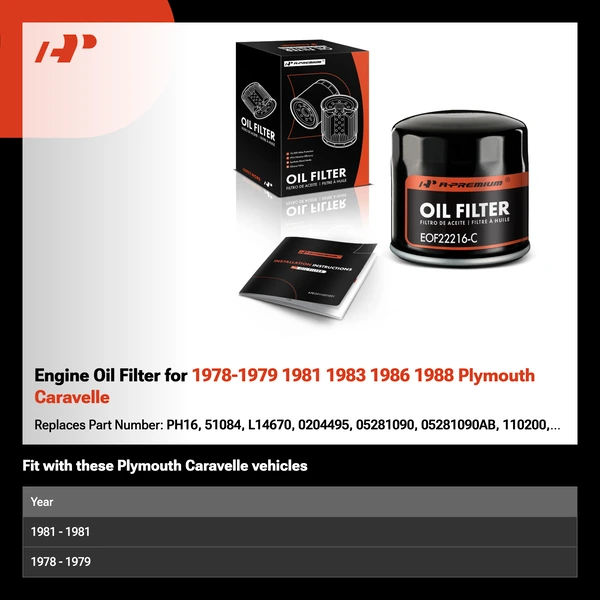 Engine Oil Filter for 1978-1979 1981 1983 1986 1988 Plymouth Caravelle