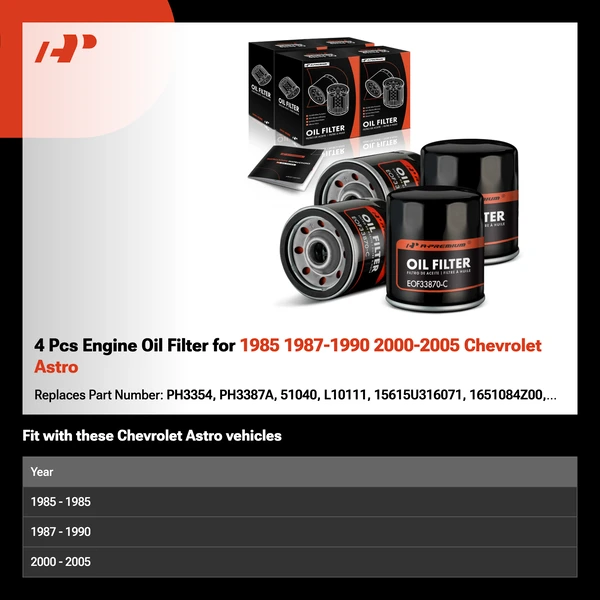 4 Pcs Engine Oil Filter for 1985 1987-1990 2000-2005 Chevrolet Astro