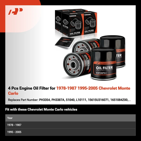 4 Pcs Engine Oil Filter for 1978-1987 1995-2005 Chevrolet Monte Carlo
