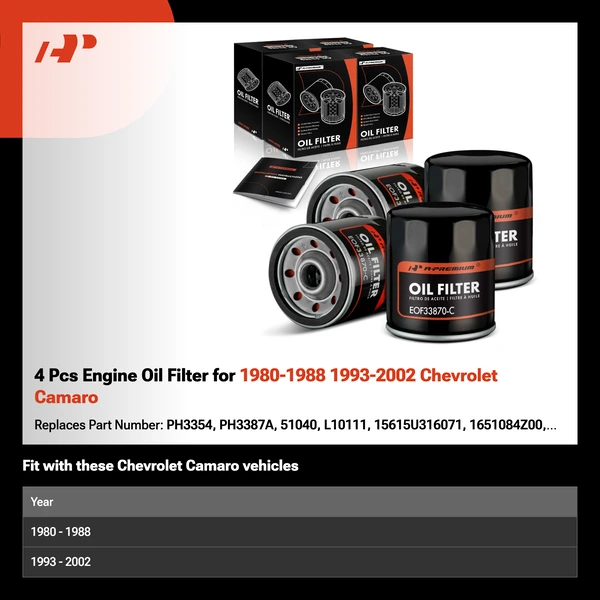4 Pcs Engine Oil Filter for 1980-1988 1993-2002 Chevrolet Camaro