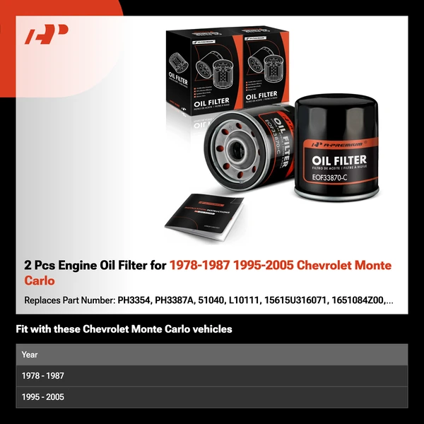 2 Pcs Engine Oil Filter for 1978-1987 1995-2005 Chevrolet Monte Carlo