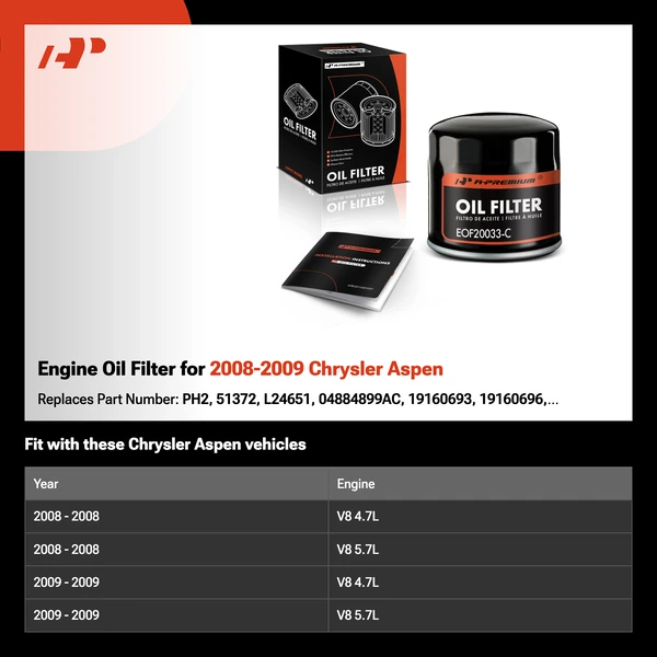 Engine Oil Filter for 2008-2009 Chrysler Aspen