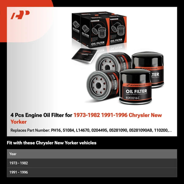 4 Pcs Engine Oil Filter for 1973-1982 1991-1996 Chrysler New Yorker