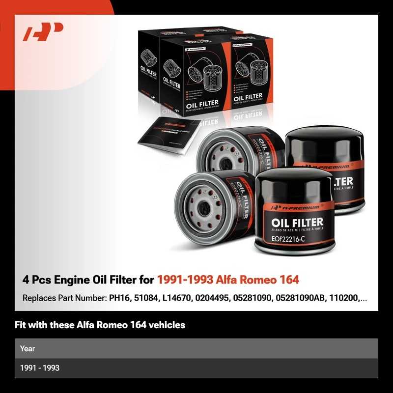 4 Pcs Engine Oil Filter for 1991-1993 Alfa Romeo 164