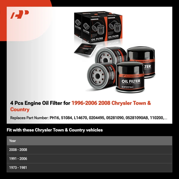 4 Pcs Engine Oil Filter for 1996-2006 2008 Chrysler Town & Country