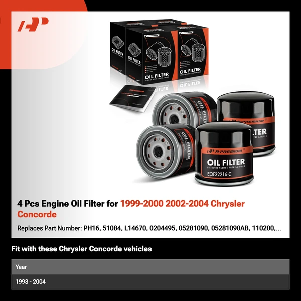 4 Pcs Engine Oil Filter for 1999-2000 2002-2004 Chrysler Concorde