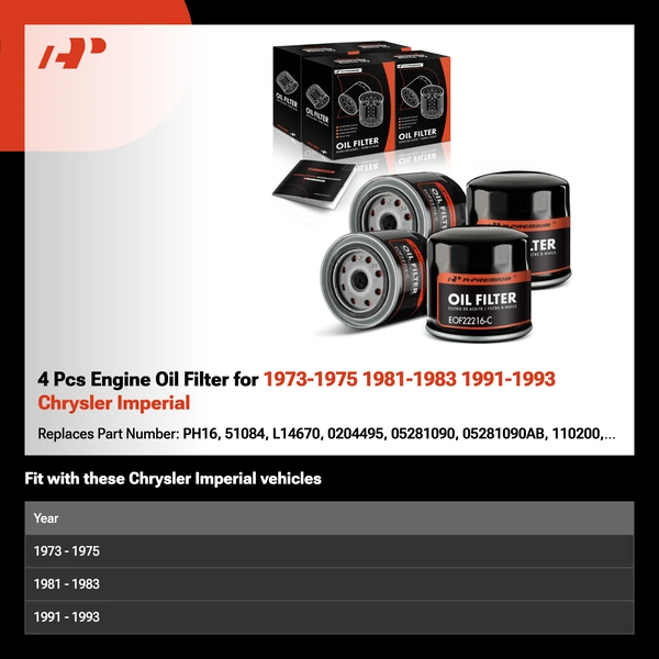 4 Pcs Engine Oil Filter for 1973-1975 1981-1983 1991-1993 Chrysler Imperial