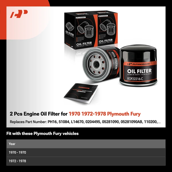2 Pcs Engine Oil Filter for 1970 1972-1978 Plymouth Fury