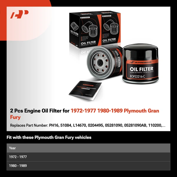 2 Pcs Engine Oil Filter for 1972-1977 1980-1989 Plymouth Gran Fury