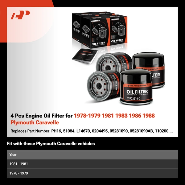 4 Pcs Engine Oil Filter for 1978-1979 1981 1983 1986 1988 Plymouth Caravelle