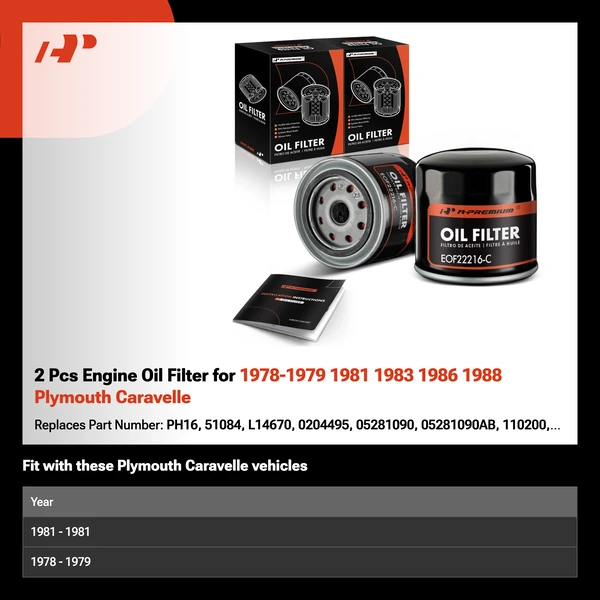 2 Pcs Engine Oil Filter for 1978-1979 1981 1983 1986 1988 Plymouth Caravelle
