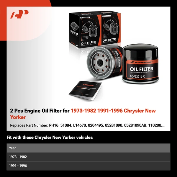 2 Pcs Engine Oil Filter for 1973-1982 1991-1996 Chrysler New Yorker