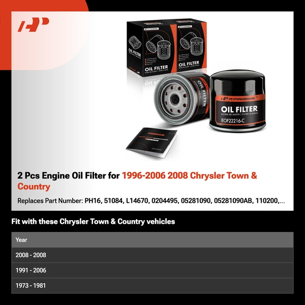 2 Pcs Engine Oil Filter for 1996-2006 2008 Chrysler Town & Country