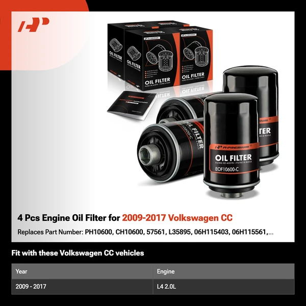 4 Pcs Engine Oil Filter for 2009-2017 Volkswagen CC