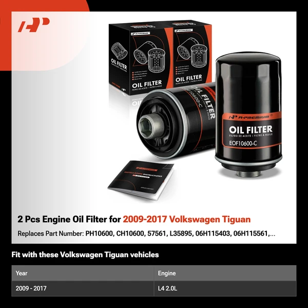 2 Pcs Engine Oil Filter for 2009-2017 Volkswagen Tiguan