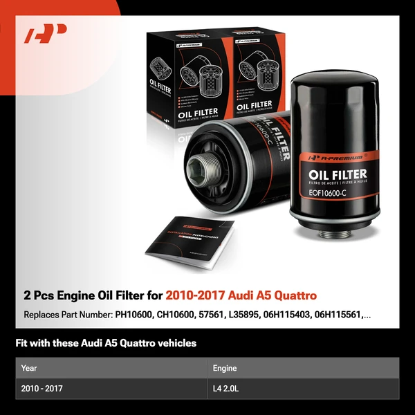 2 Pcs Engine Oil Filter for 2010-2017 Audi A5 Quattro