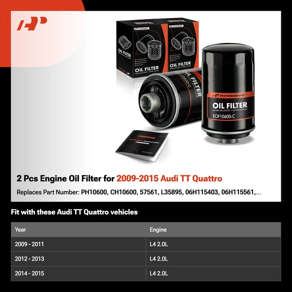 2 Pcs Engine Oil Filter for 2009-2015 Audi TT Quattro