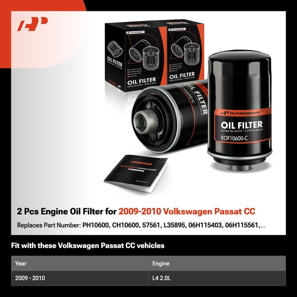 2 Pcs Engine Oil Filter for 2009-2010 Volkswagen Passat CC