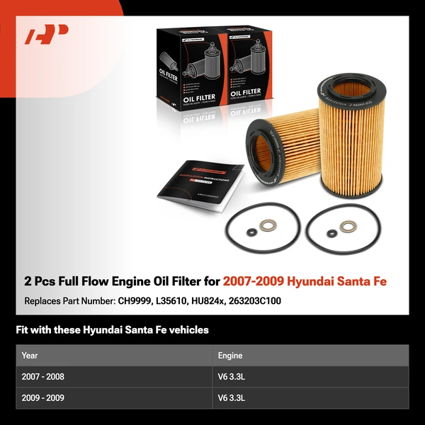 2 Pcs Full Flow Engine Oil Filter for 2007-2009 Hyundai Santa Fe