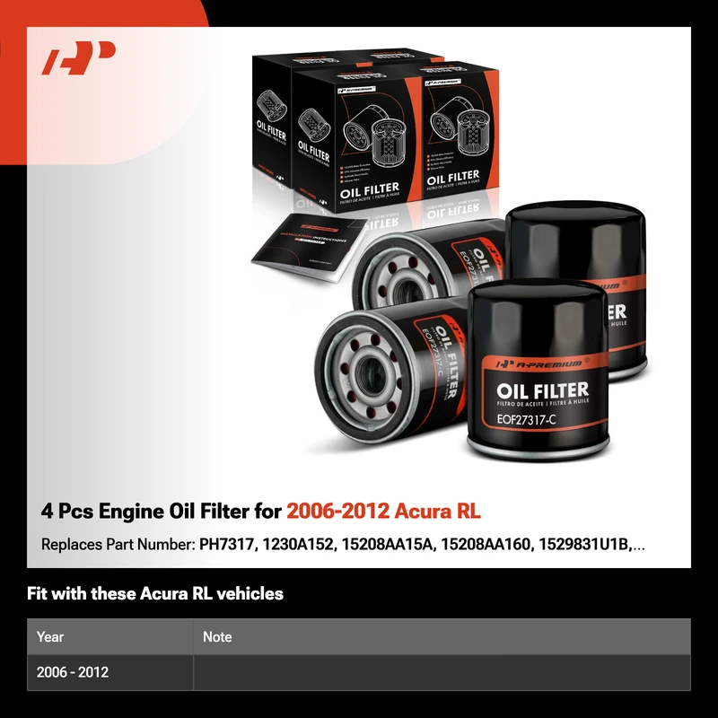 4 Pcs Engine Oil Filter for 2006-2012 Acura RL