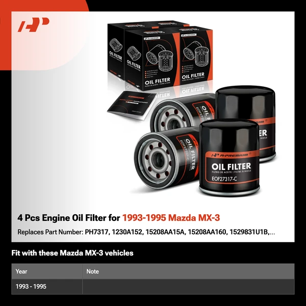 4 Pcs Engine Oil Filter for 1993-1995 Mazda MX-3