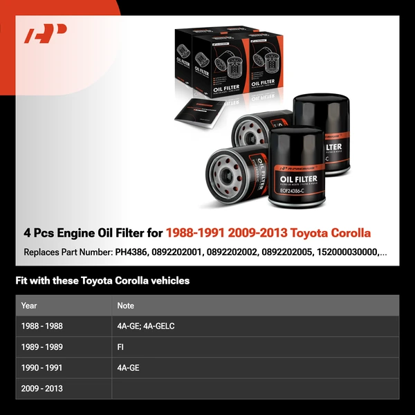4 Pcs Engine Oil Filter for 1988-1991 2009-2013 Toyota Corolla