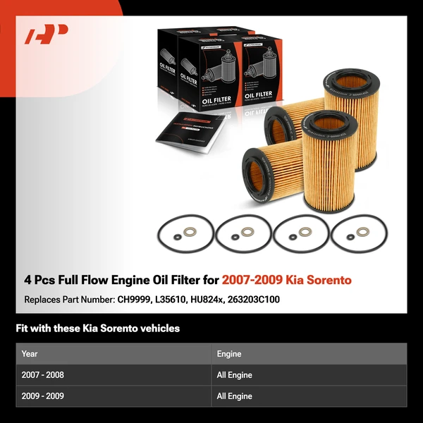 4 Pcs Full Flow Engine Oil Filter for 2007-2009 Kia Sorento