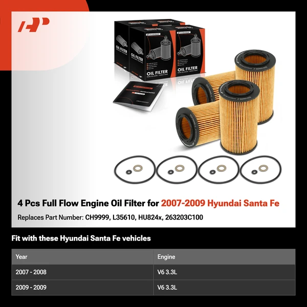 4 Pcs Full Flow Engine Oil Filter for 2007-2009 Hyundai Santa Fe