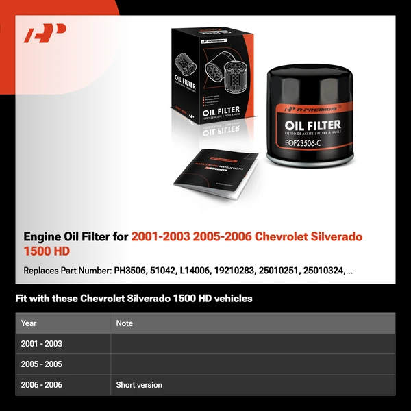 Engine Oil Filter for 2001-2003 2005-2006 Chevrolet Silverado 1500 HD