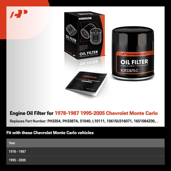 Engine Oil Filter for 1978-1987 1995-2005 Chevrolet Monte Carlo