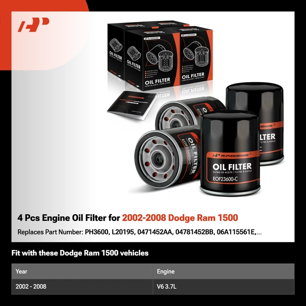 4 Pcs Engine Oil Filter for 2002-2008 Dodge Ram 1500