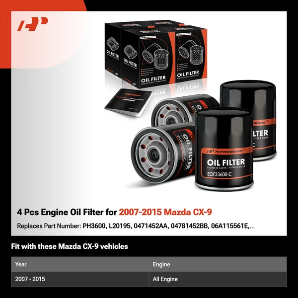 4 Pcs Engine Oil Filter for 2007-2015 Mazda CX-9