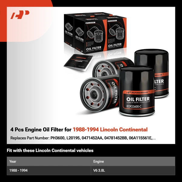 4 Pcs Engine Oil Filter for 1988-1994 Lincoln Continental