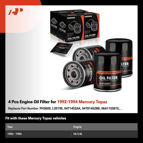 4 Pcs Engine Oil Filter for 1992-1994 Mercury Topaz