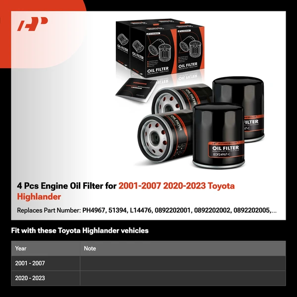 4 Pcs Engine Oil Filter for 2001-2007 2020-2023 Toyota Highlander