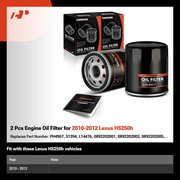 2 Pcs Engine Oil Filter for 2010-2012 Lexus HS250h