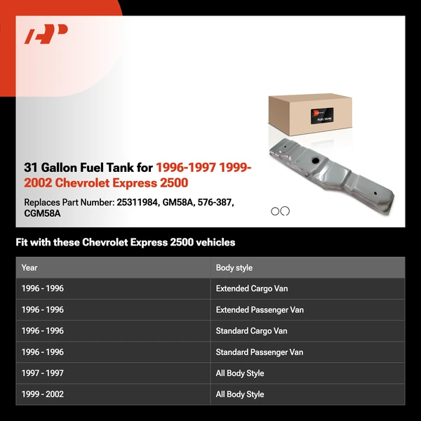 31 Gallon Fuel Tank for 1996-1997 1999-2002 Chevrolet Express 2500