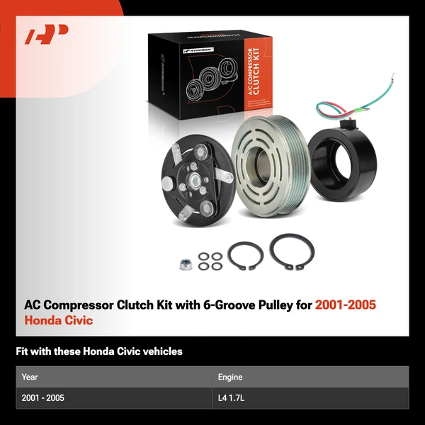 AC Compressor Clutch Kit with 6-Groove Pulley for 2001-2005 Honda Civic