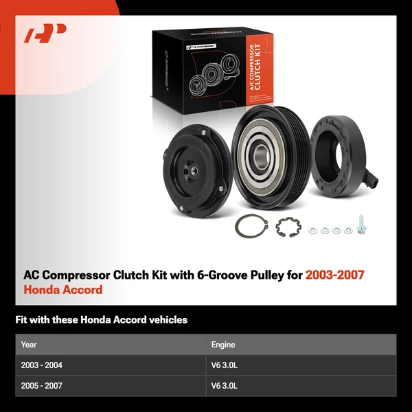 AC Compressor Clutch Kit with 6-Groove Pulley for 2003-2007 Honda Accord