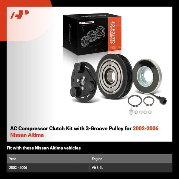 AC Compressor Clutch Kit with 3-Groove Pulley for 2002-2006 Nissan Altima