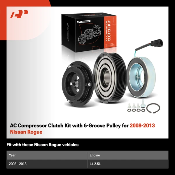 AC Compressor Clutch Kit with 6-Groove Pulley for 2008-2013 Nissan Rogue