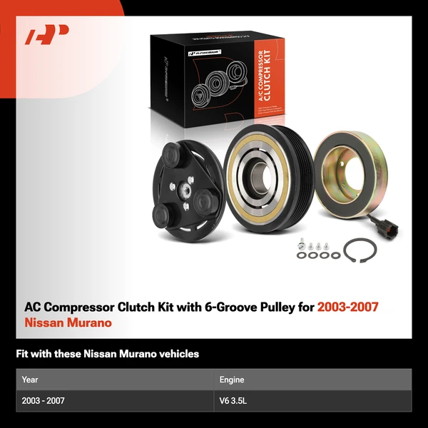 AC Compressor Clutch Kit with 6-Groove Pulley for 2003-2007 Nissan Murano