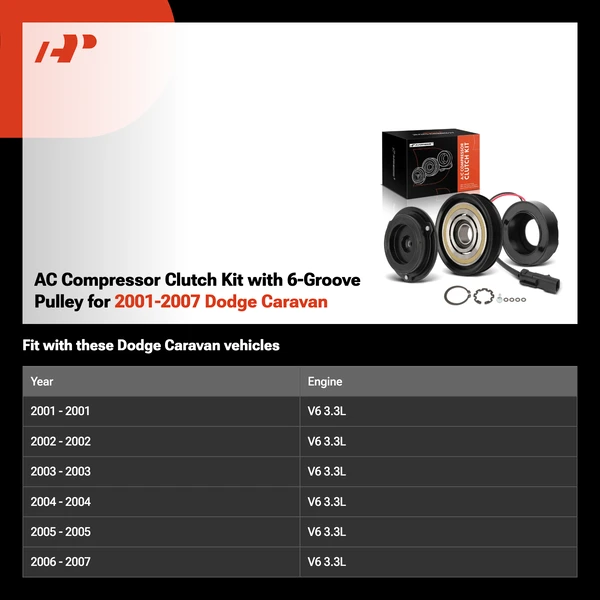 AC Compressor Clutch Kit with 6-Groove Pulley for 2001-2007 Dodge Caravan