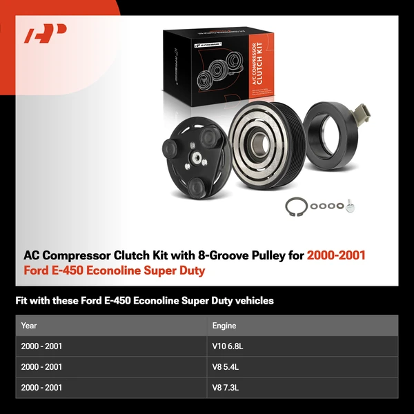 AC Compressor Clutch Kit with 8-Groove Pulley for 2000-2001 Ford E-450 Econoline Super Duty