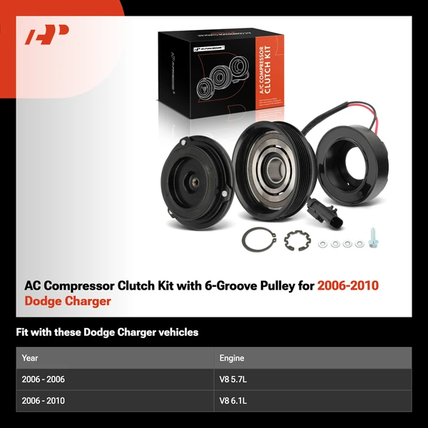 AC Compressor Clutch Kit with 6-Groove Pulley for 2006-2010 Dodge Charger